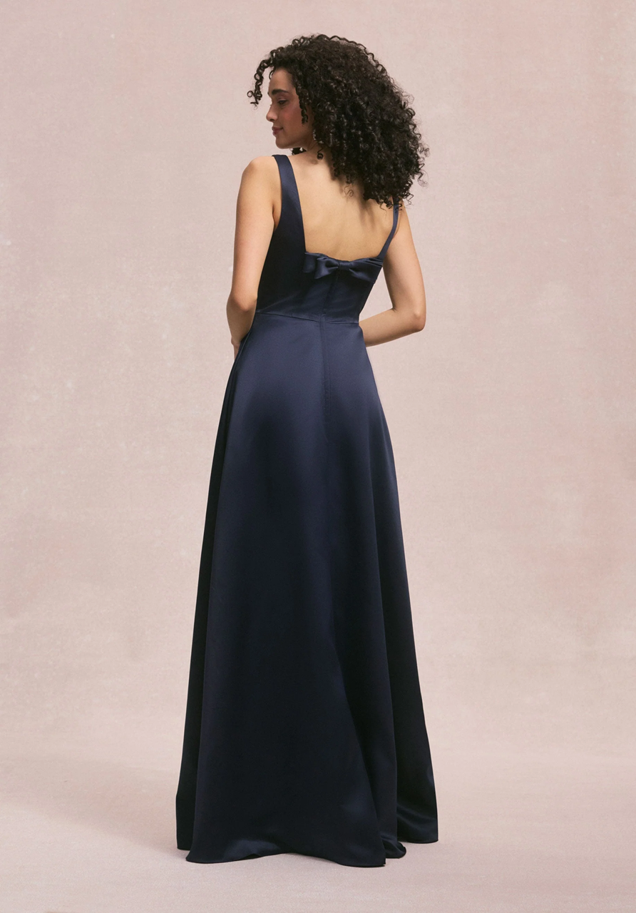 Square Neck Satin Bridesmaid Dress with Detachable Bow