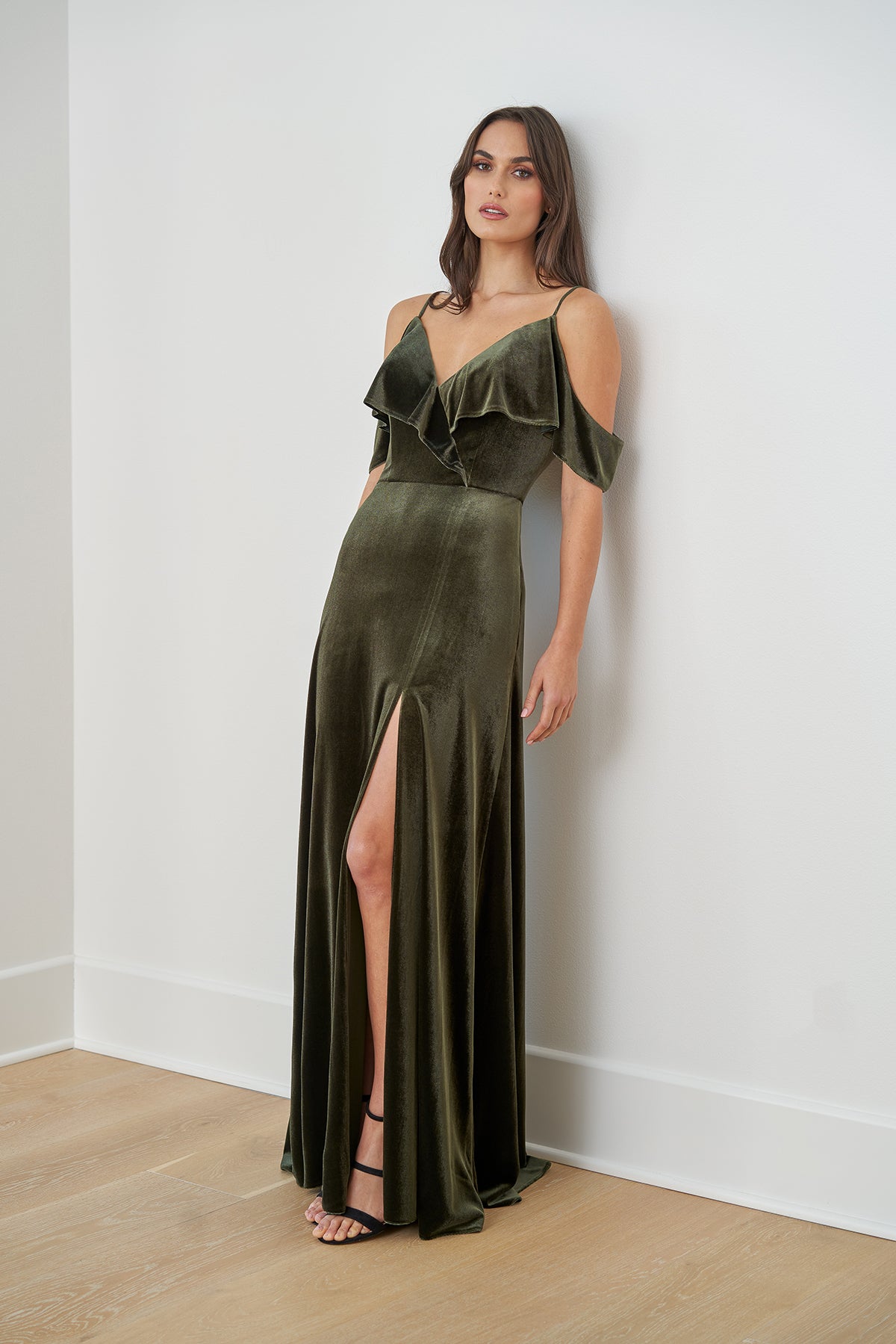 Velvet Ruffle Sleeve V-Neck Bridesmaid Dress Bridal and Formal Velvet Ruffle Sleeve V-Neck Bridesmaid Dress Bridal and Formal