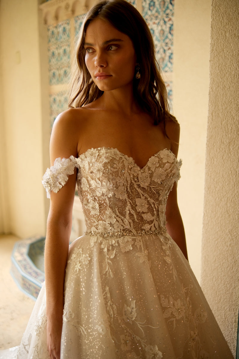 Off-shoulder beaded Lace Gown with Chapel Train