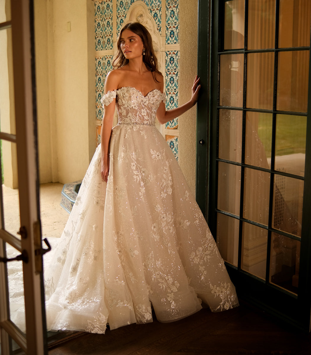 Off-shoulder beaded Lace Gown with Chapel Train