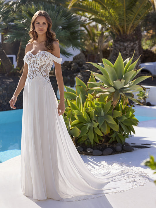 chiffon wedding dress designers Flower Lace Chiffon Spaghetti Straps Plunging Wedding Dress Light Ivory / Without Lace