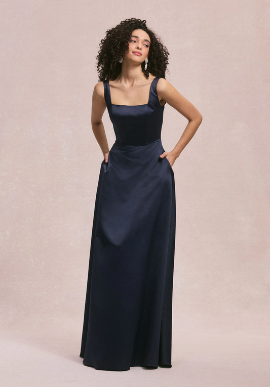 Square Neck Satin Bridesmaid Dress with Detachable Bow