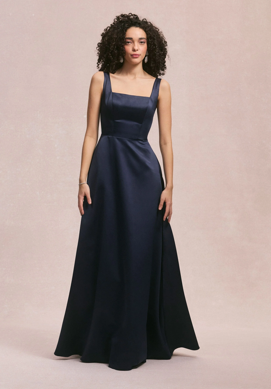 Square Neck Satin Bridesmaid Dress with Detachable Bow
