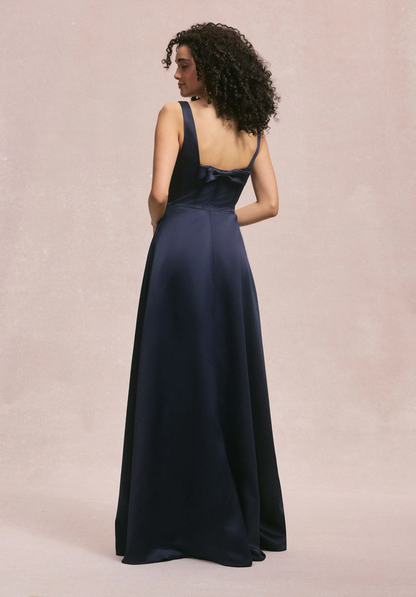 Square Neck Satin Bridesmaid Dress with Detachable Bow