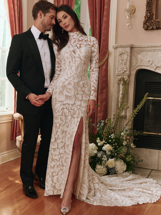 high neckline wedding dress Armonia A-line neck Off White flatter look of Lace. Simple High Neck Satin White