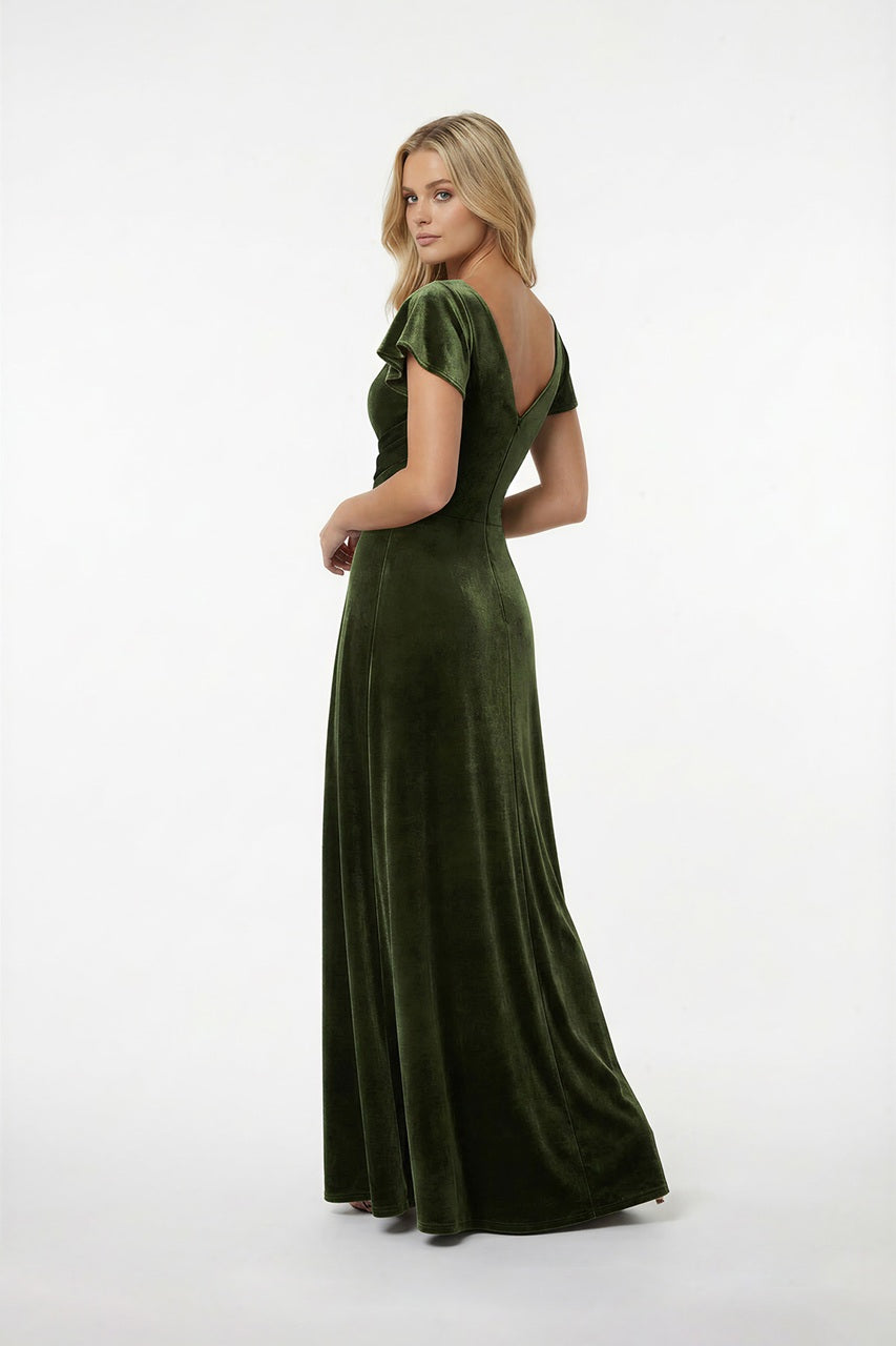 Flutter Sleeve Velvet Bridesmaid Dress