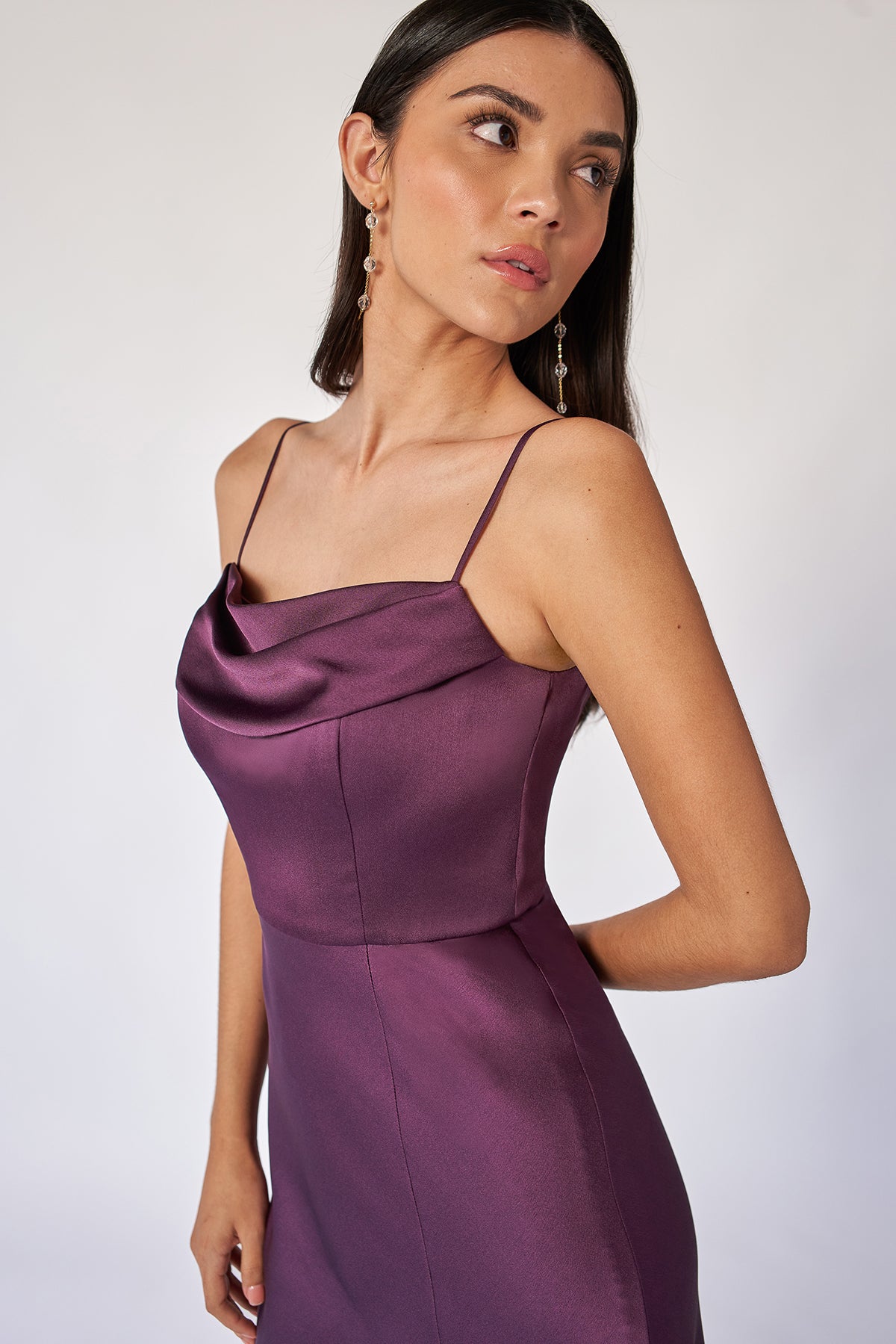 charmeuse cowl bridesmaid dress AW.Bridal Mermaid Cowl Neckline Floor Length Long Sleeves Spaghetti Straps Satin Long Bridesmaid Dresses Dress Dark Navy Size 4