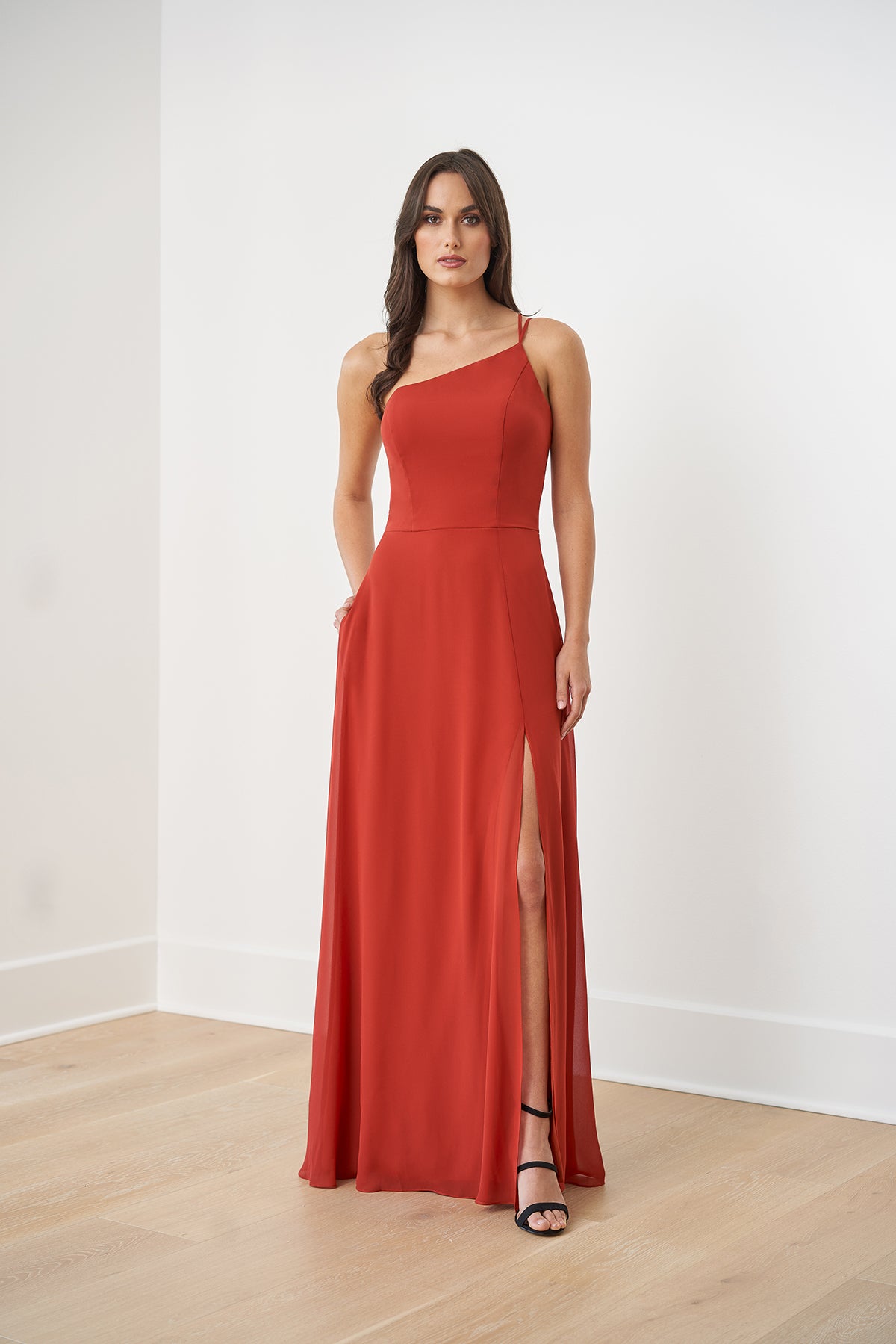 a line one shoulder bridesmaid dress Alfred Sung One-Shoulder A-Line Gown Midnight