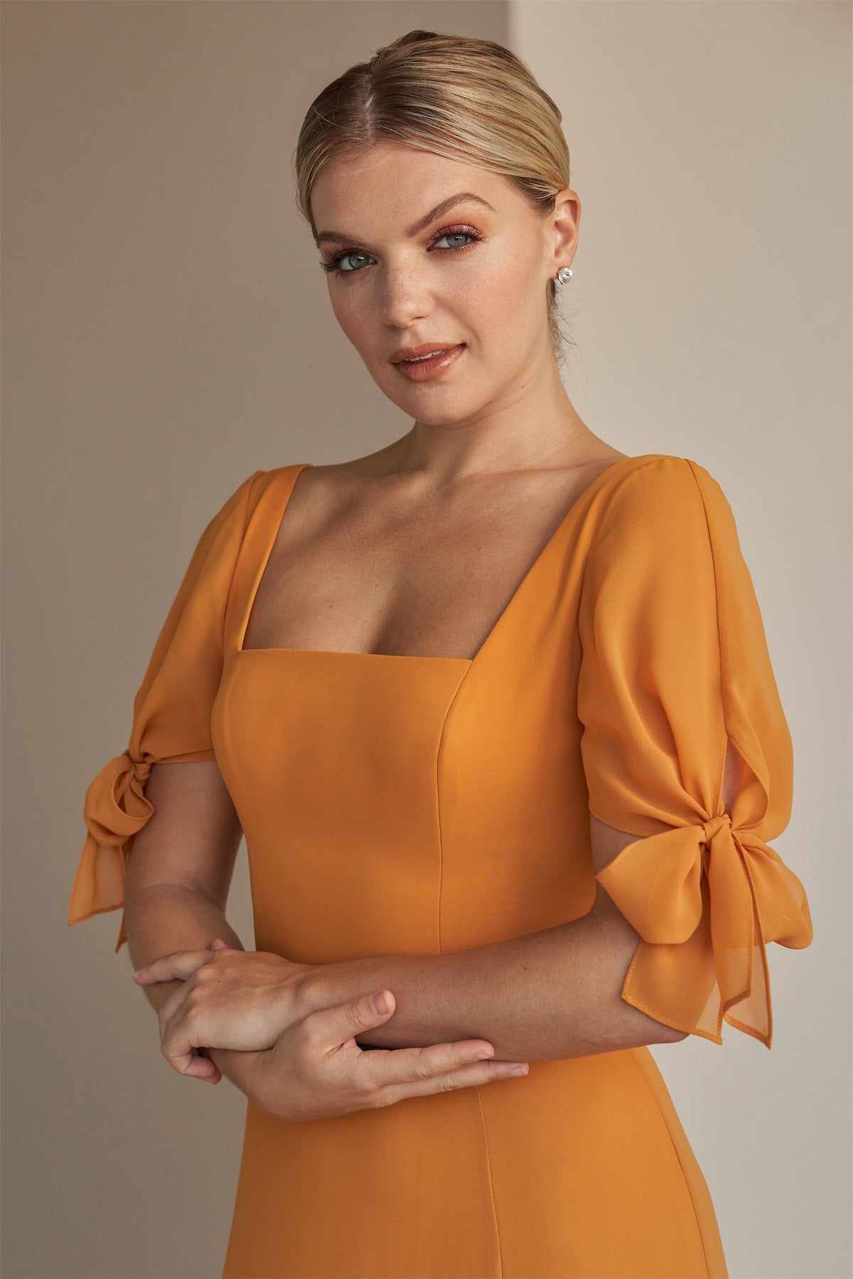 square neck bridesmaid dress with sleeves Azazie Alani
