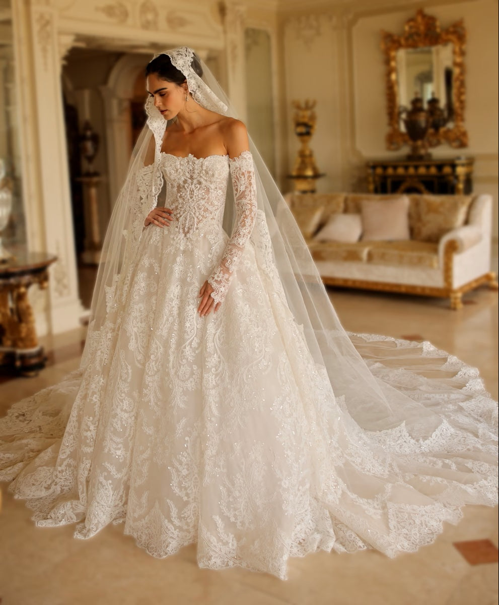 Beaded Lace Basque Waist Ballgown Wedding Dress