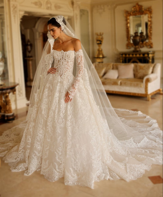Beaded Lace Basque Waist Ballgown Wedding Dress