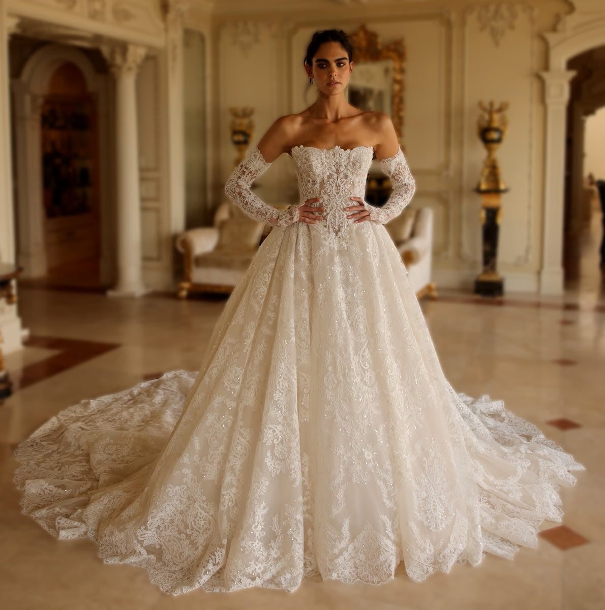 Beaded Lace Basque Waist Ballgown Wedding Dress