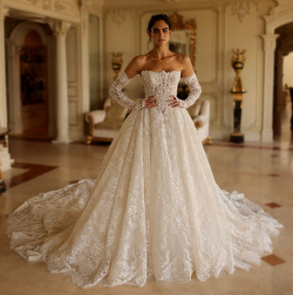 Beaded Lace Basque Waist Ballgown Wedding Dress