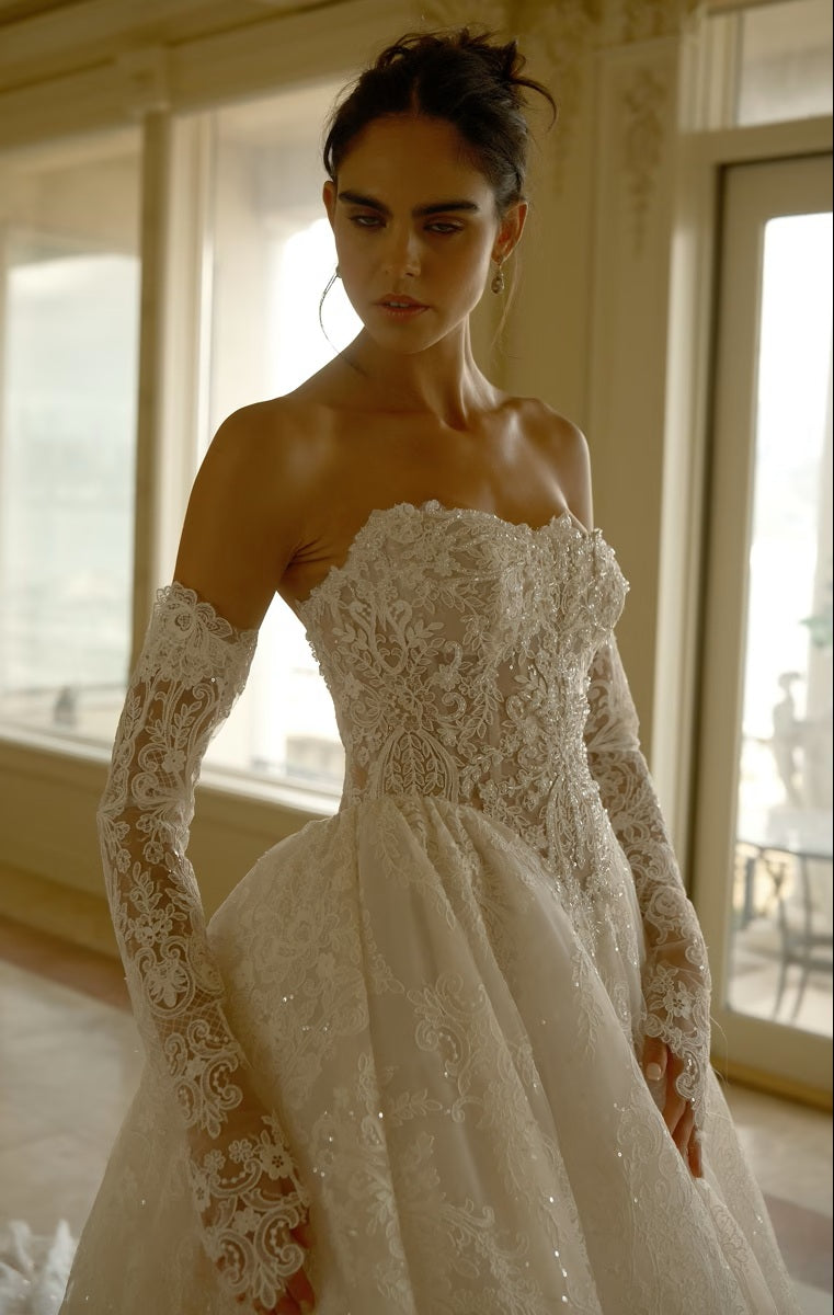 Beaded Lace Basque Waist Ballgown Wedding Dress