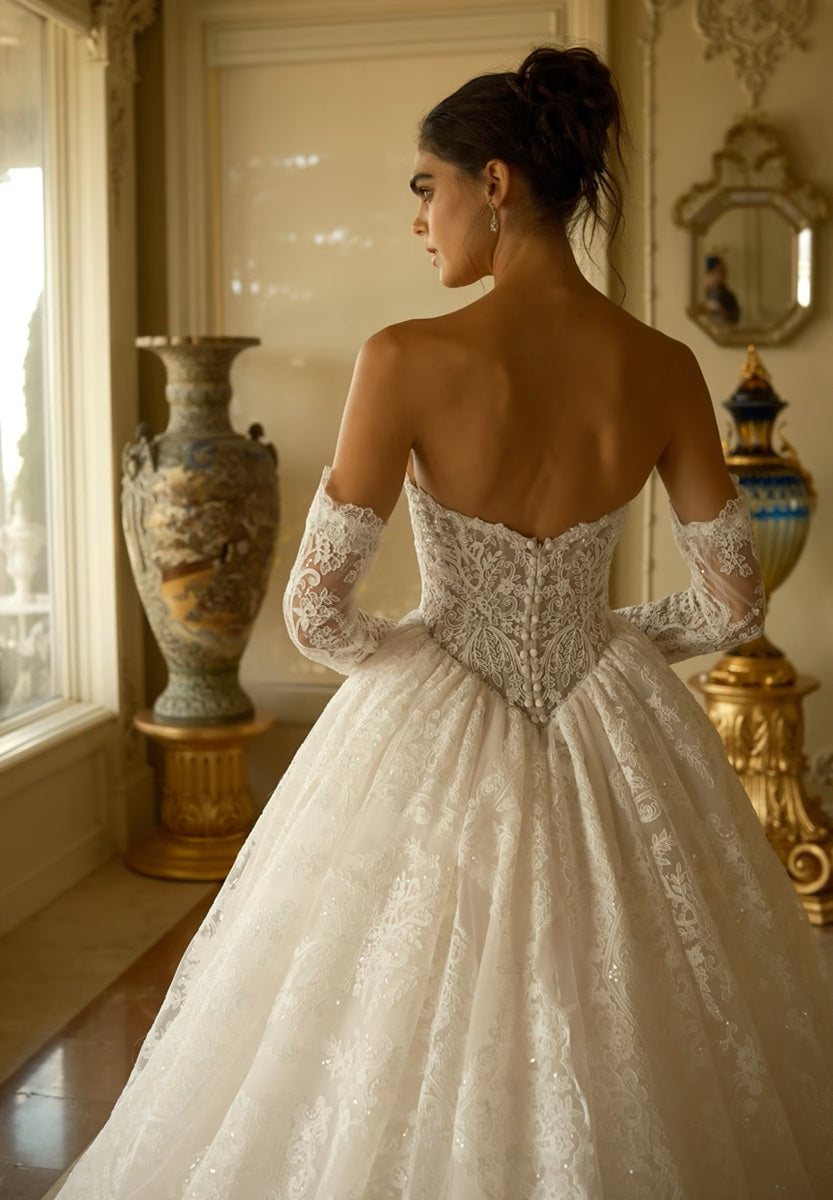 Beaded Lace Basque Waist Ballgown Wedding Dress