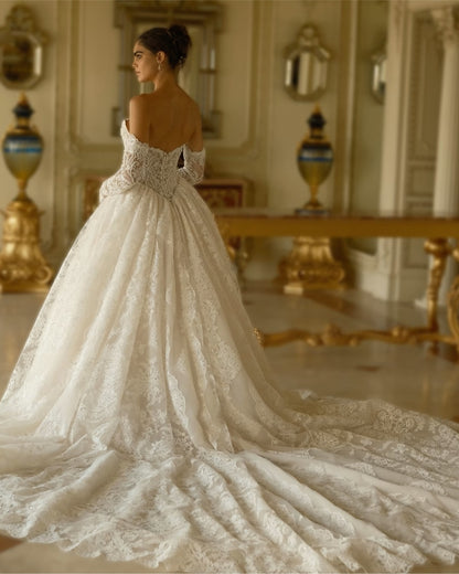 Beaded Lace Basque Waist Ballgown Wedding Dress