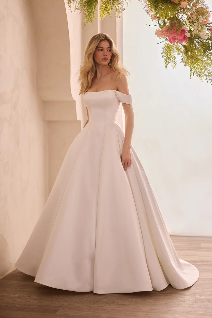 Draped Sleeve Duchesse Satin Wedding Dress
