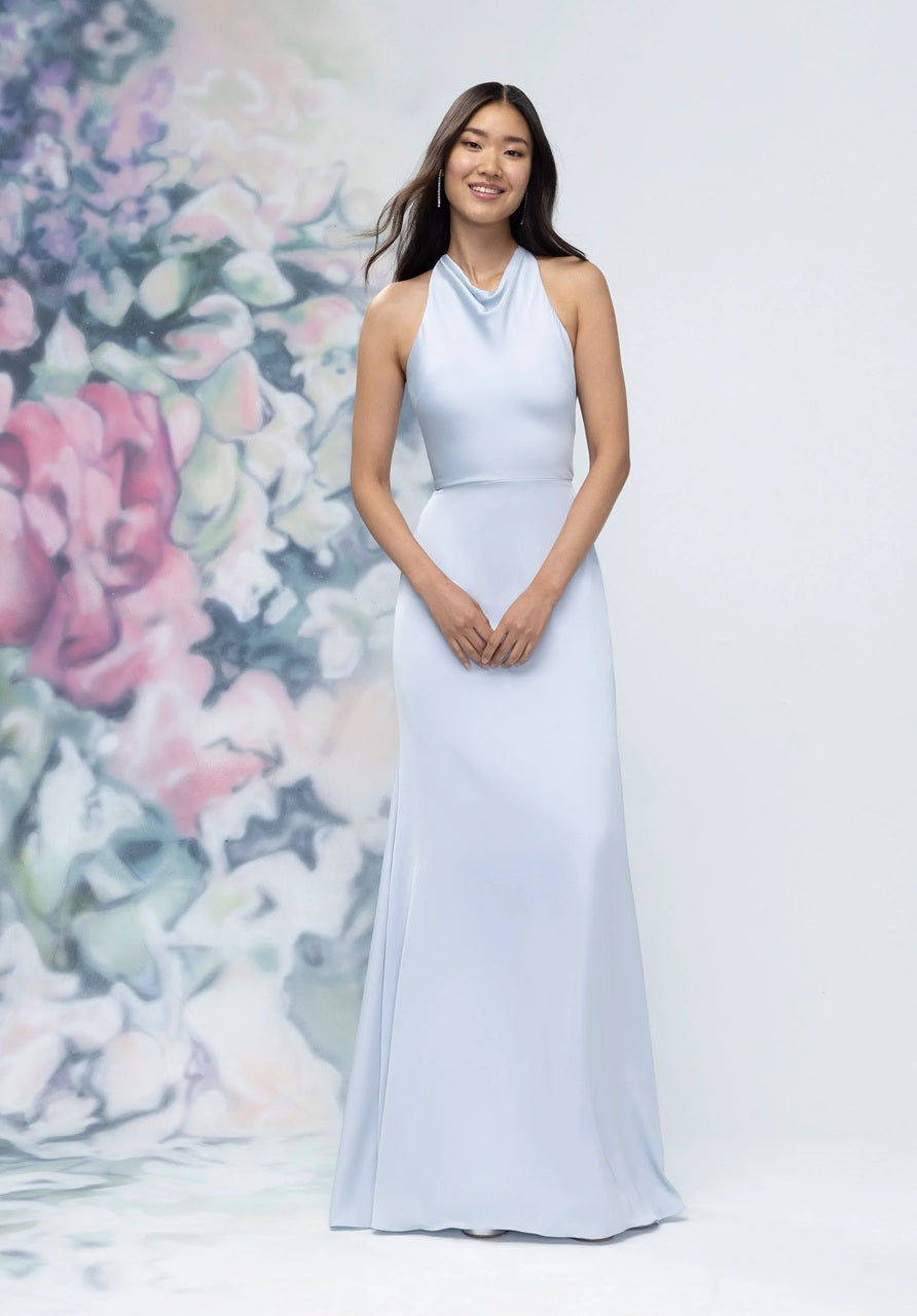 Cowl Halter Tie Back Satin Bridesmaid Dress