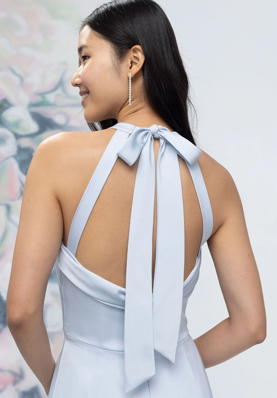 Cowl Halter Tie Back Satin Bridesmaid Dress
