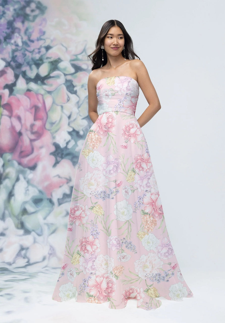 Strapless Floral Chiffon Bridesmaid Dress