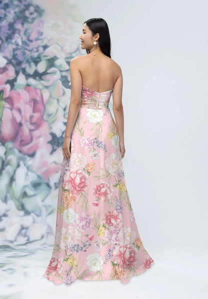 Strapless Floral Chiffon Bridesmaid Dress