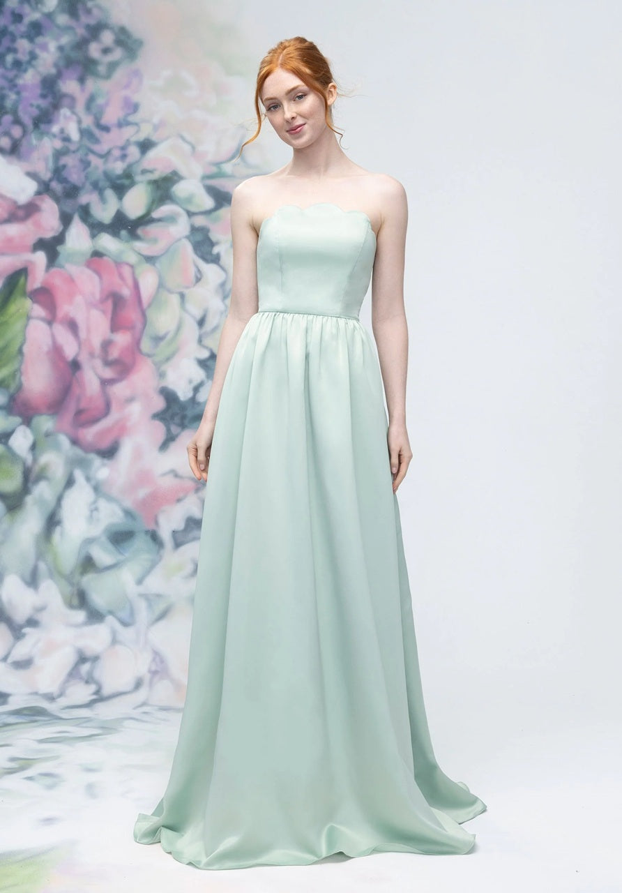 Scallop Edge Strapless Satin Bridesmaid Dress