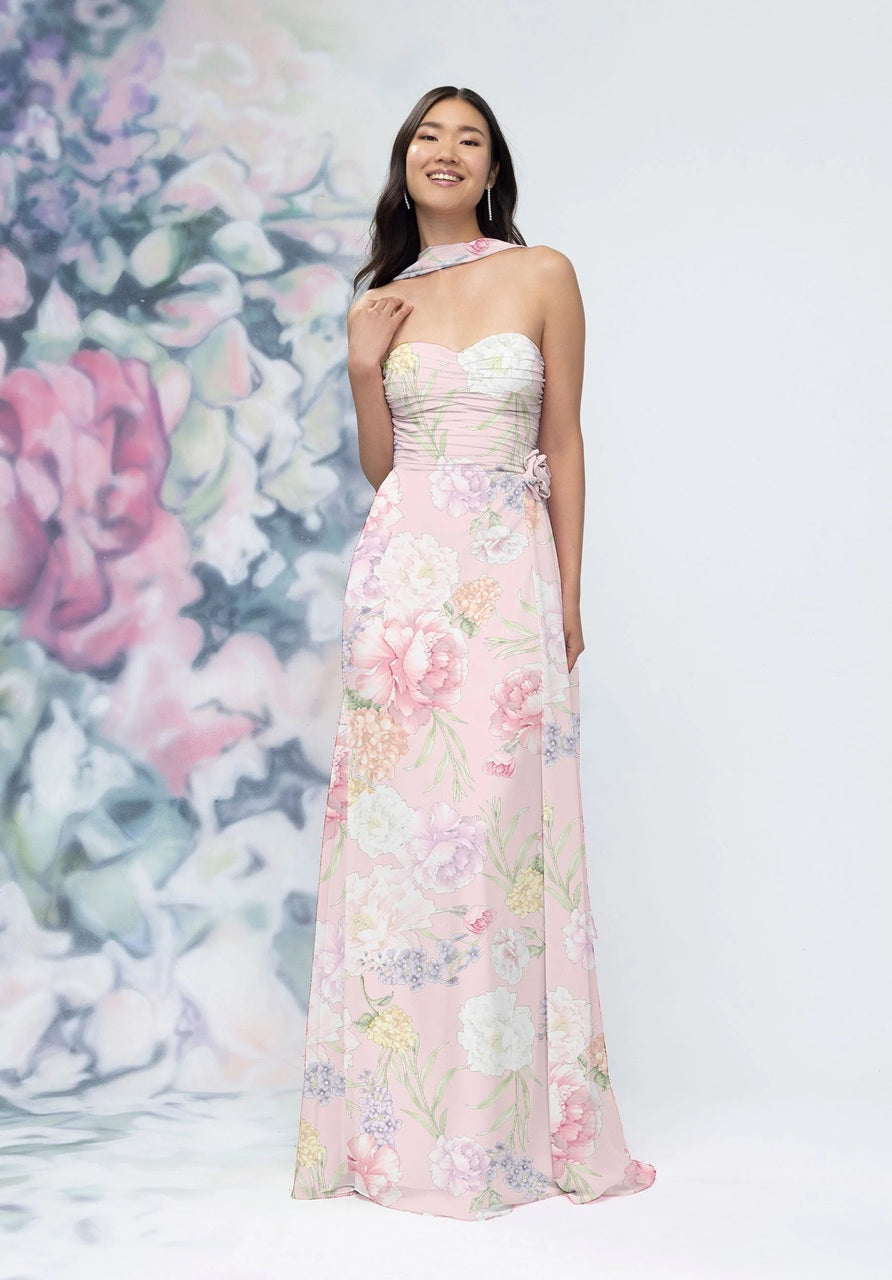 Draped Sweetheart Floral Bridesmaid Dress