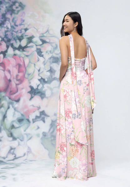 Draped Sweetheart Floral Bridesmaid Dress