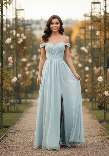 Ruched Off-the-Shoulder Chiffon Bridesmaid Dress