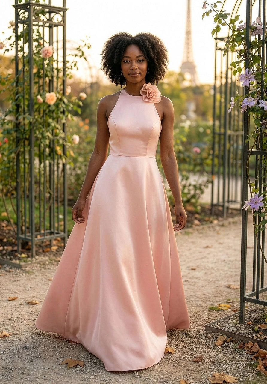 Halter Neck Satin Bridesmaid Dress with Floral Pin