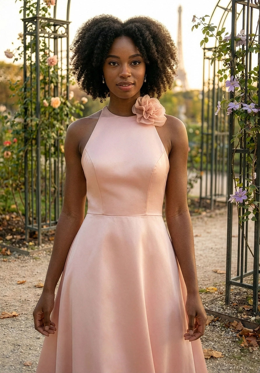 Halter Neck Satin Bridesmaid Dress with Floral Pin