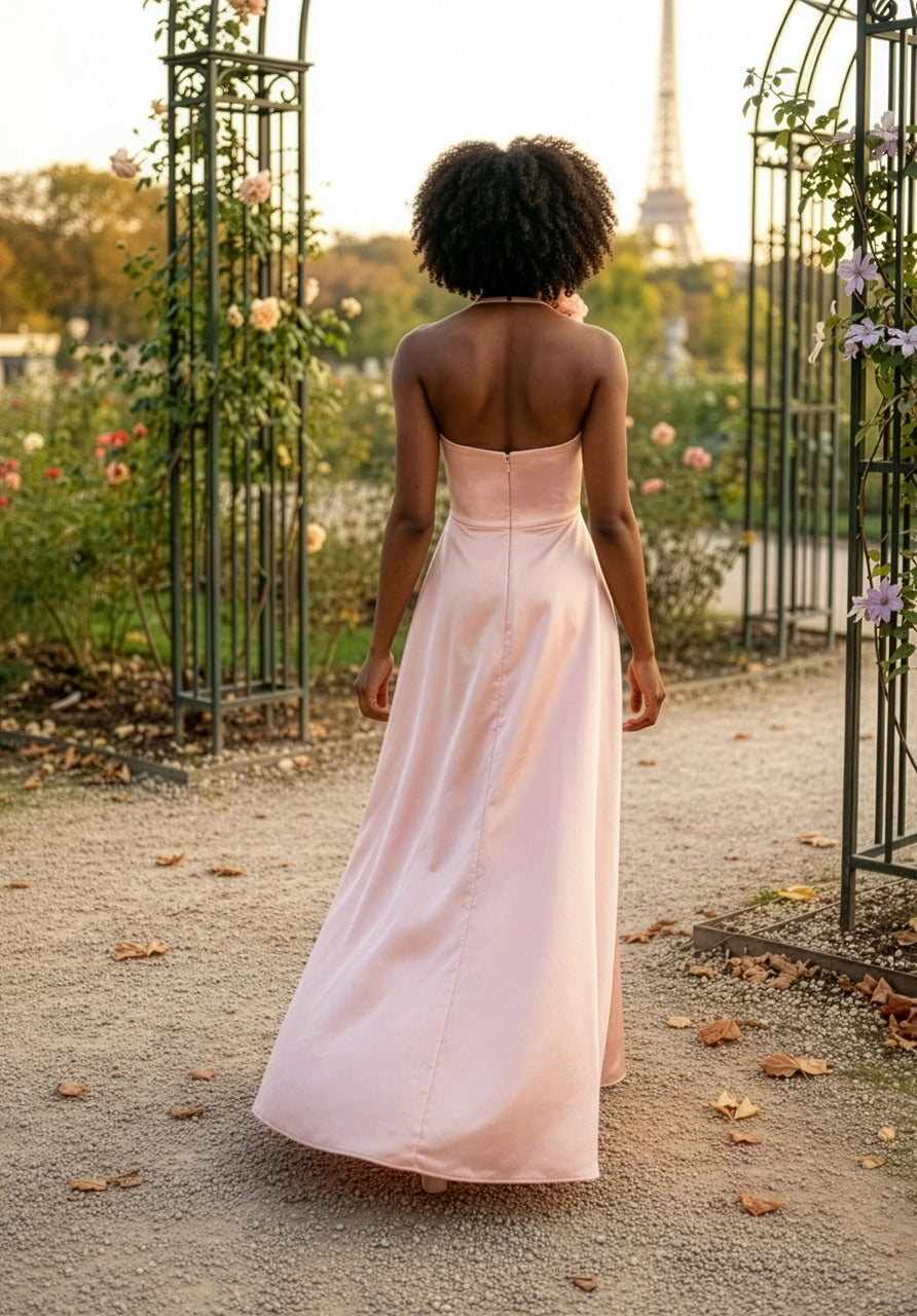 Halter Neck Satin Bridesmaid Dress with Floral Pin