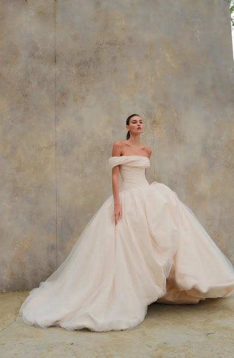 Draped Off-the-Shoulder Ball Gown Wedding Dress