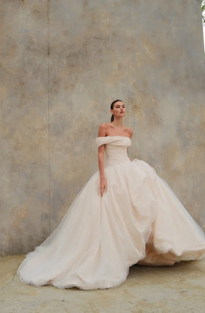 Draped Off-the-Shoulder Ball Gown Wedding Dress