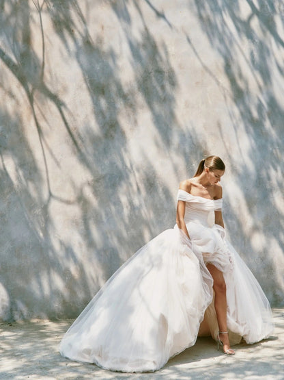 Draped Off-the-Shoulder Ball Gown Wedding Dress