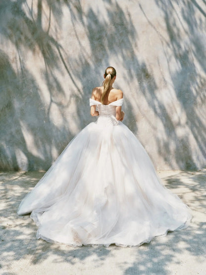 Draped Off-the-Shoulder Ball Gown Wedding Dress