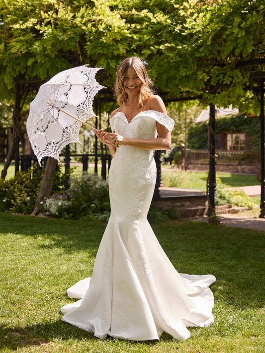 white off the shoulder fit and flare dress Off-Shoulder Crepe Fit & Flare Wedding Dress