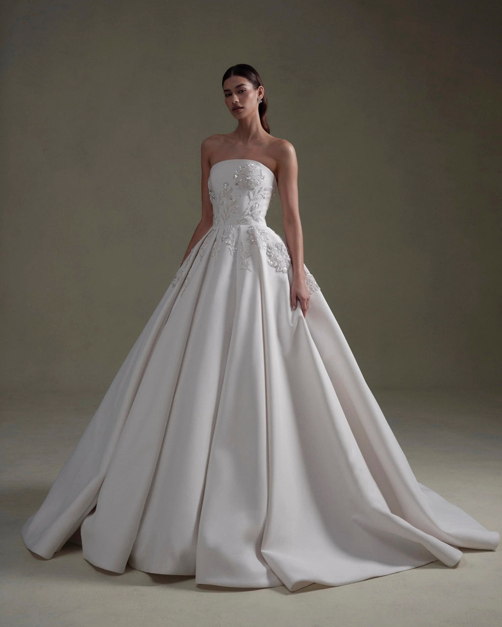 Sequin Floral Strapless Mikado Wedding Dress